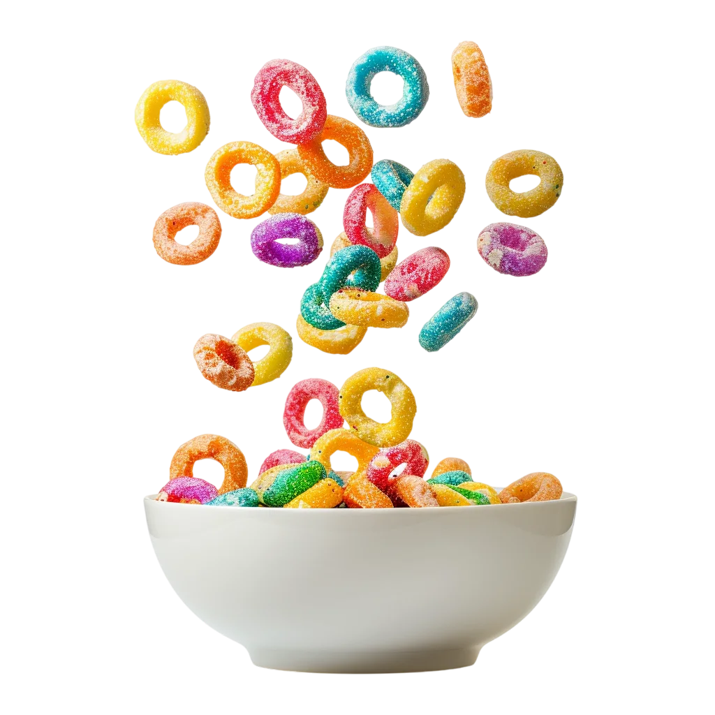 Colorful Cereal Rings Falling into a White Bowl Free PNG
