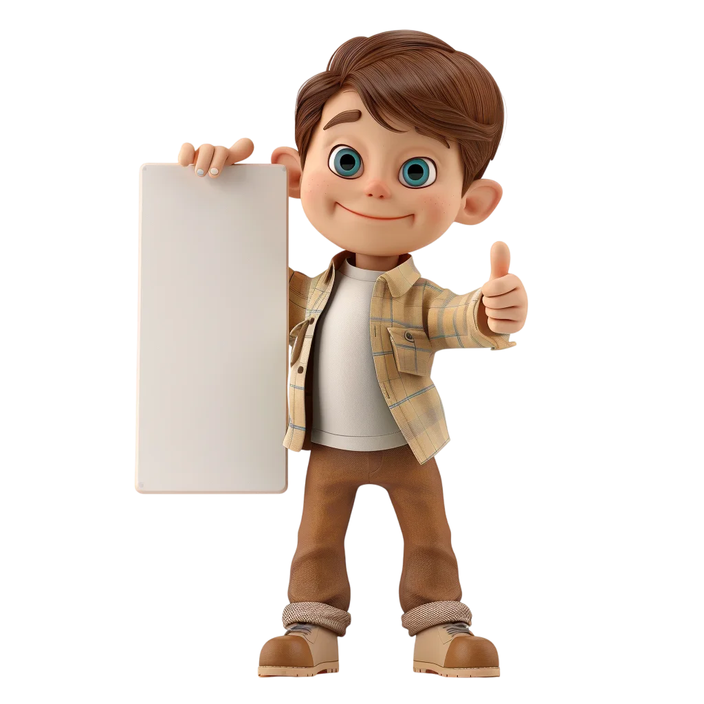 Smiling 3D Cartoon Boy with Blank Sign and Thumbs Up Free PNG
