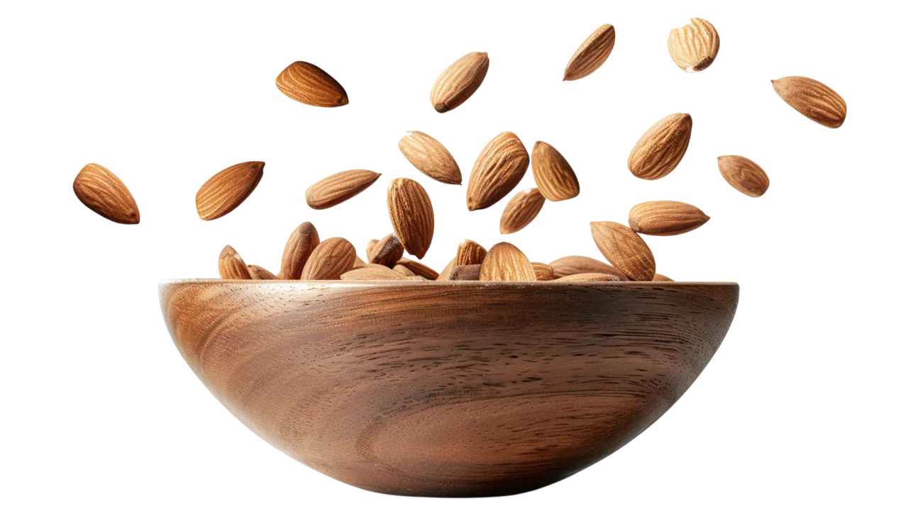 Wooden Bowl of Almonds with Falling Nuts - Free PNG