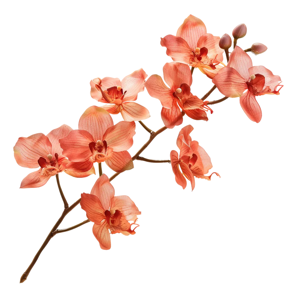 Coral Orange Orchid Branch with Buds - Free PNG