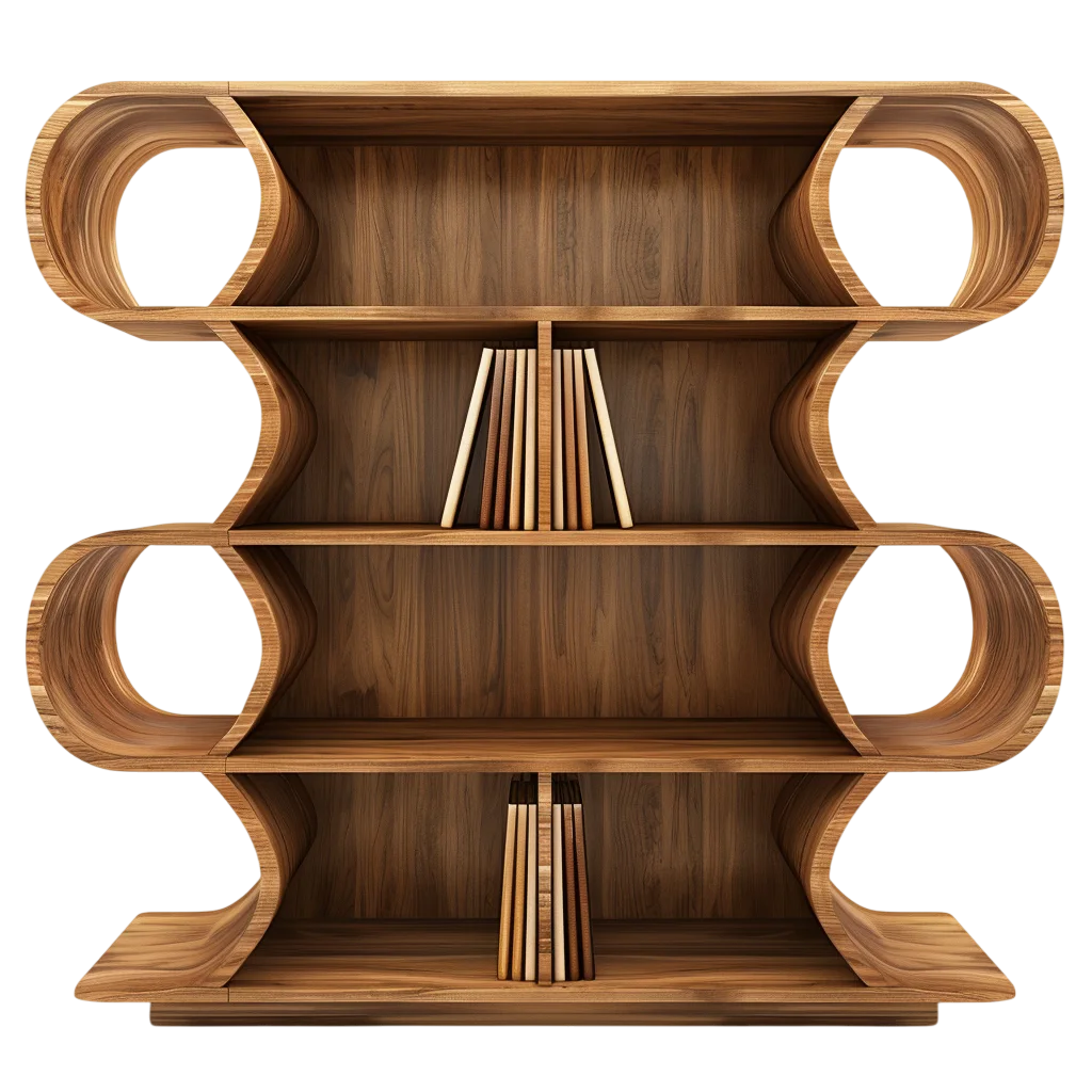 Sculptural Wooden Bookshelf with Looping Sides Free PNG