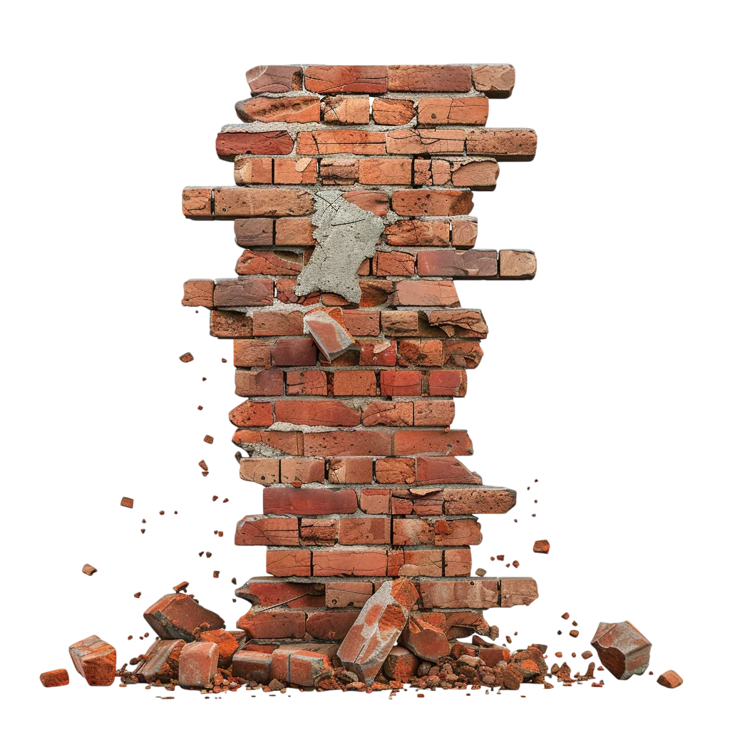 Crumbling Red Brick Wall with Falling Debris Free PNG