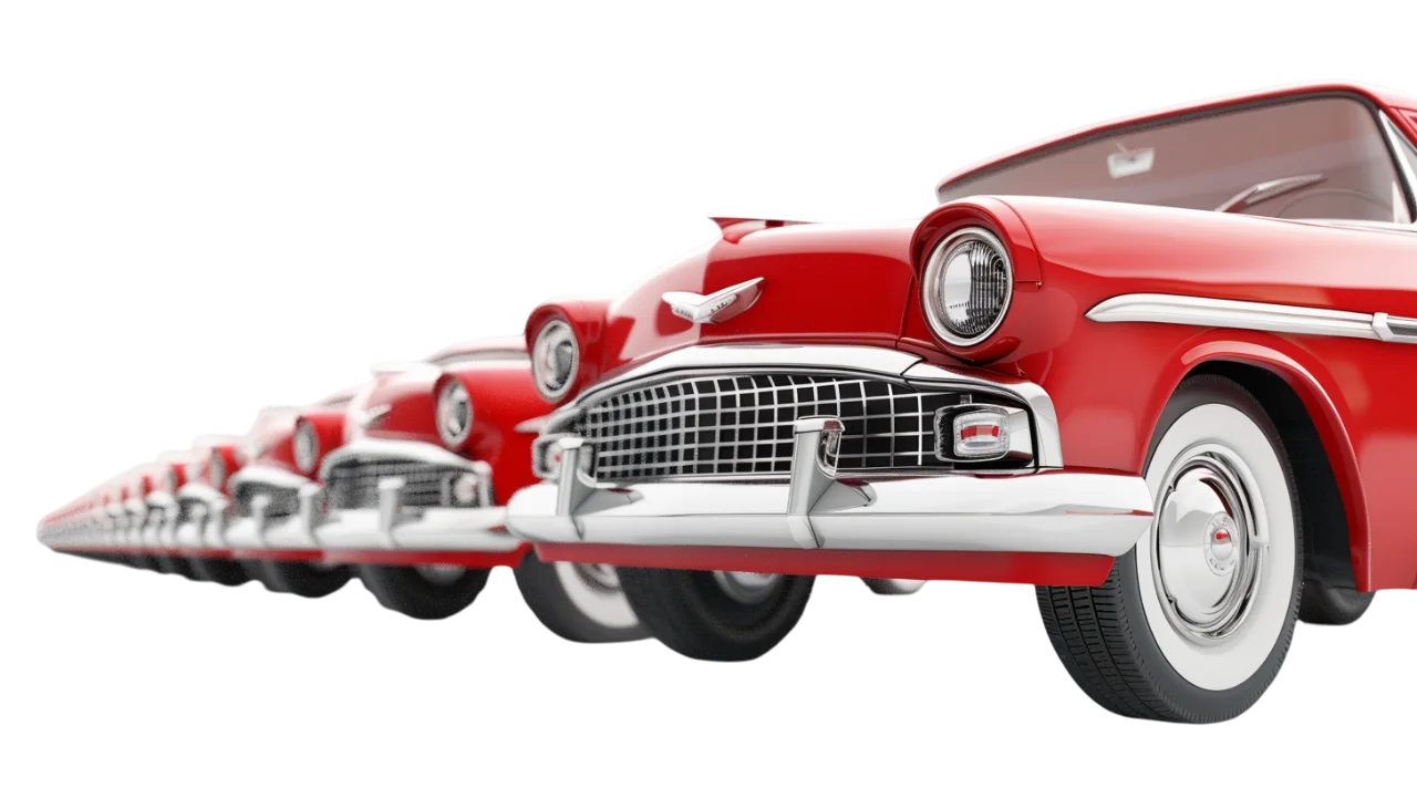 Red Vintage Convertible Leading a Row of Classic Cars | Free PNG