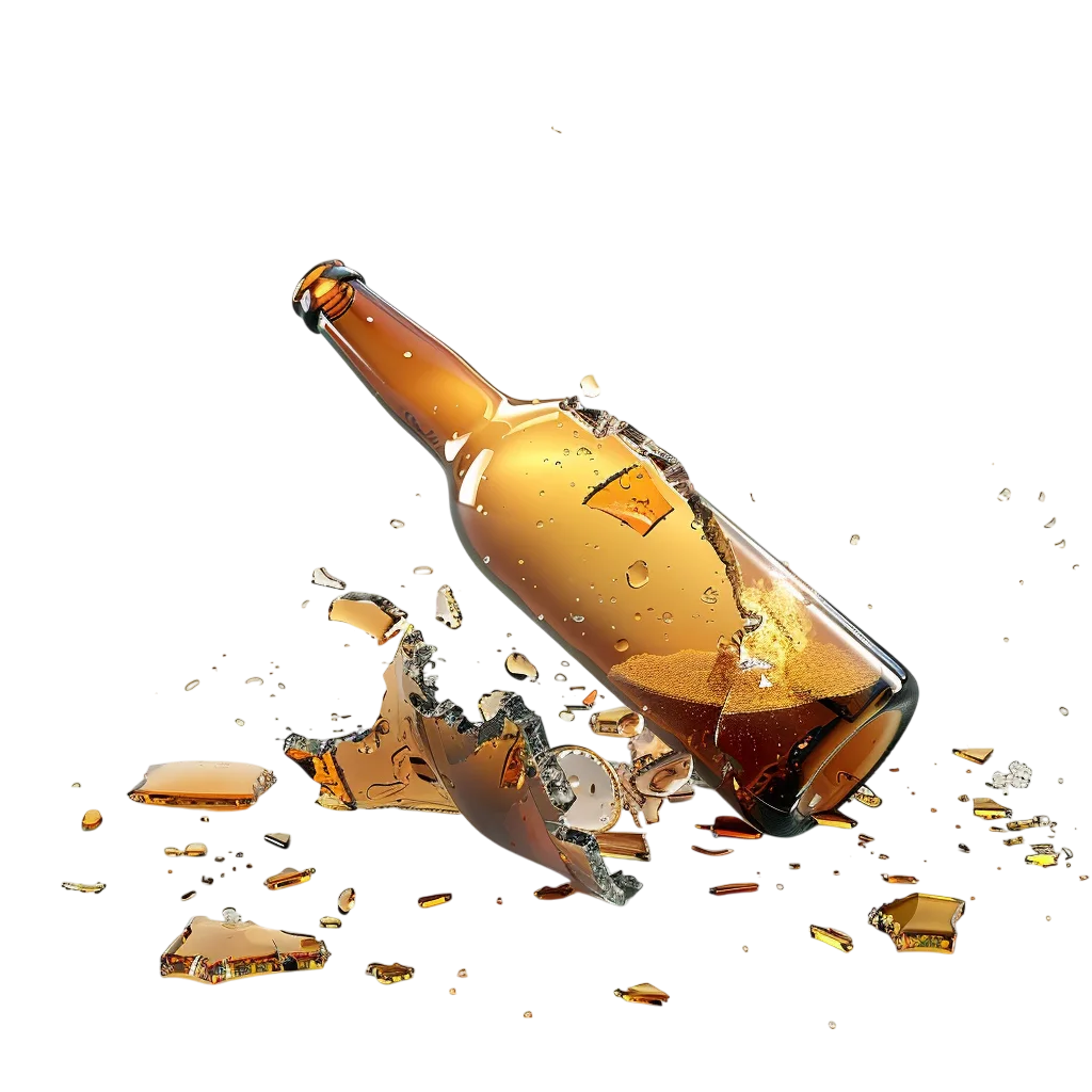 Shattering Amber Glass Bottle with Flying Shards | Free PNG