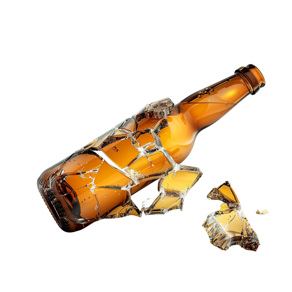 Shattered Amber Glass Bottle with Flying Fragments Free PNG