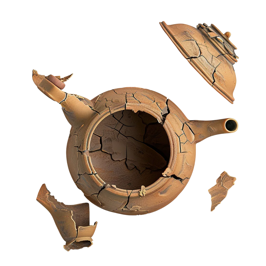 Cracked Terracotta Teapot with Broken Pieces Free PNG