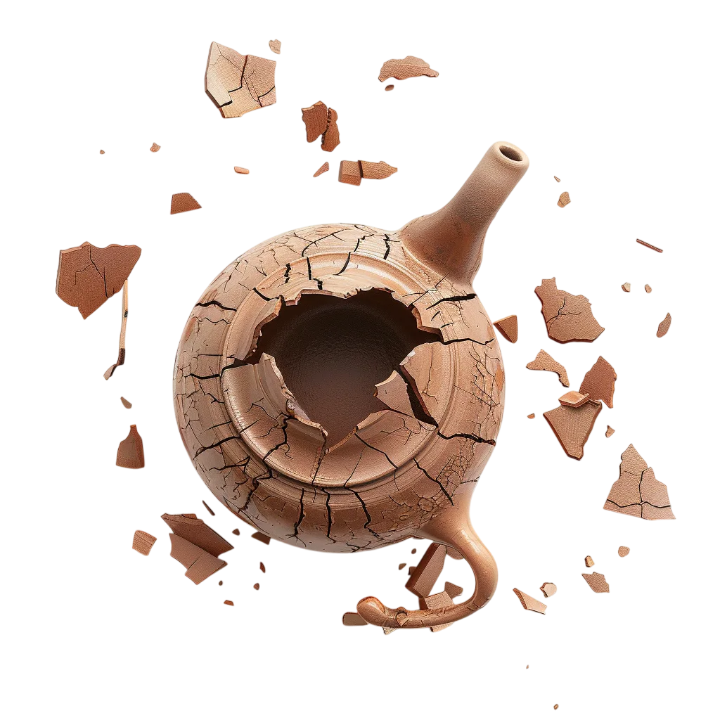 Shattered Terracotta Teapot with Flying Pottery Shards | Free PNG