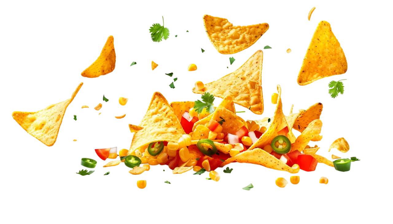 Flying Nacho Tortilla Chips with Fresh Salsa and Vegetables Free PNG