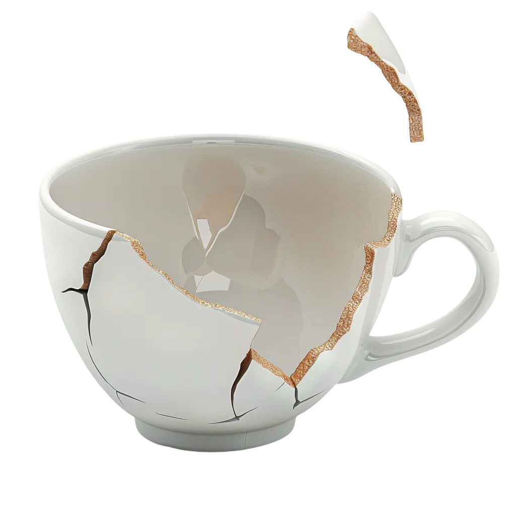 Kintsugi-Repaired White Cup with Floating Shard Free PNG