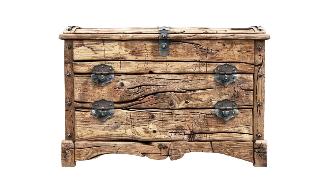 Rustic Weathered Wooden Chest with Iron Hinges Free PNG