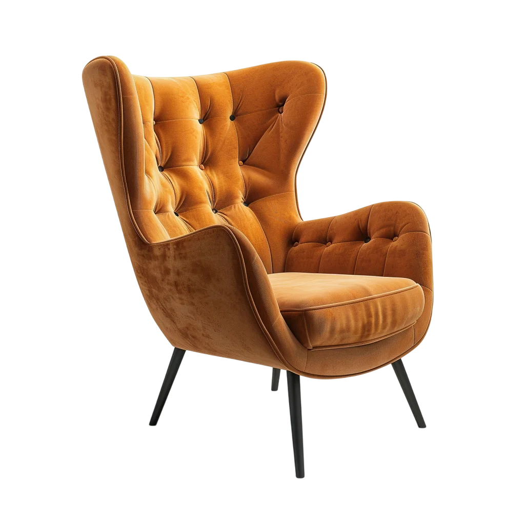 Cognac Velvet Tufted Wingback Armchair Free PNG