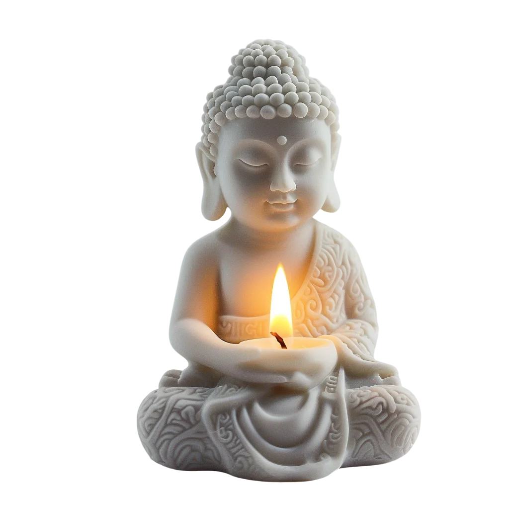 Serene White Buddha Statue with Glowing Flame Free PNG