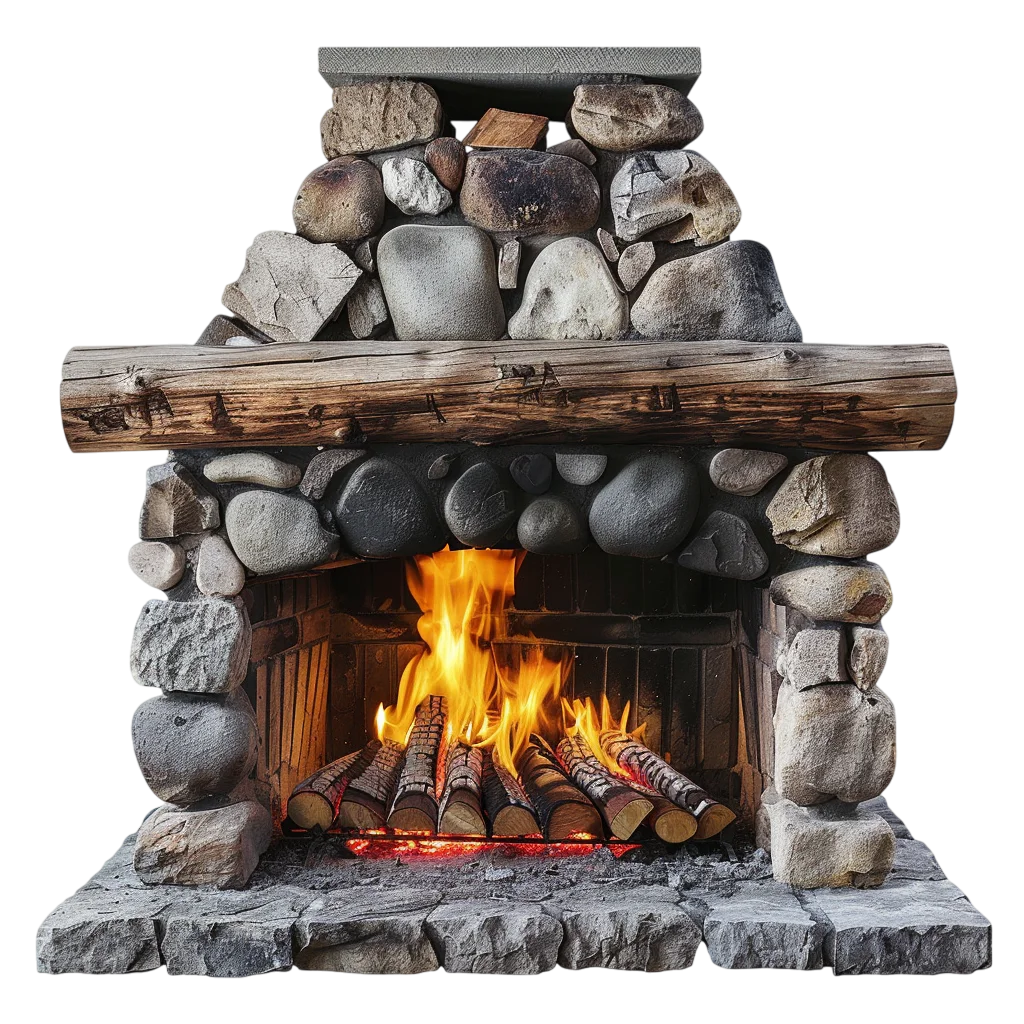 Rustic Stone Fireplace with Flames Free PNG
