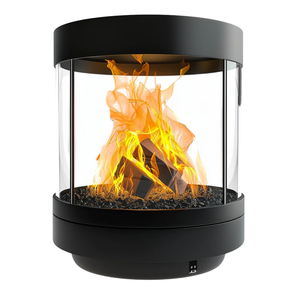 Modern Cylindrical Glass Fireplace with Flames | Free PNG