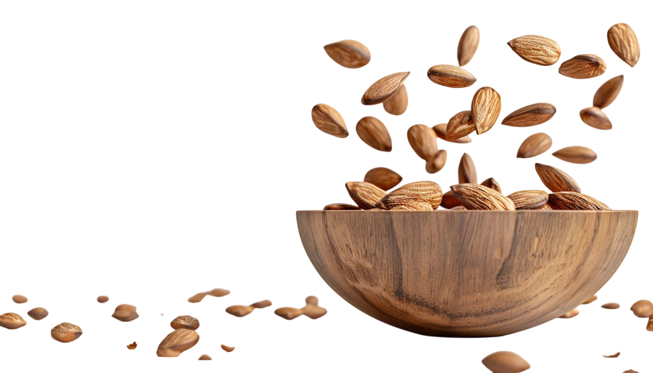 Almonds Falling into a Wooden Bowl Free PNG