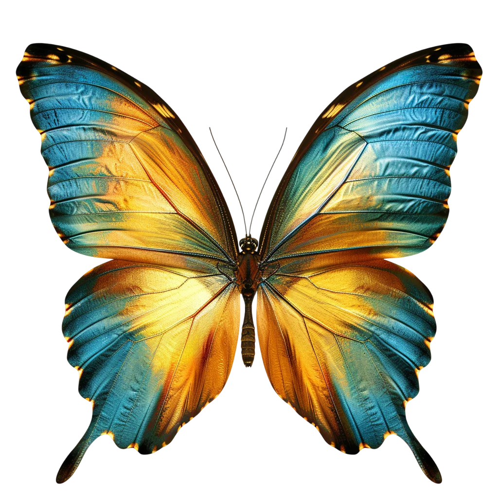 Vibrant Turquoise and Gold Butterfly with Spread Wings Free PNG