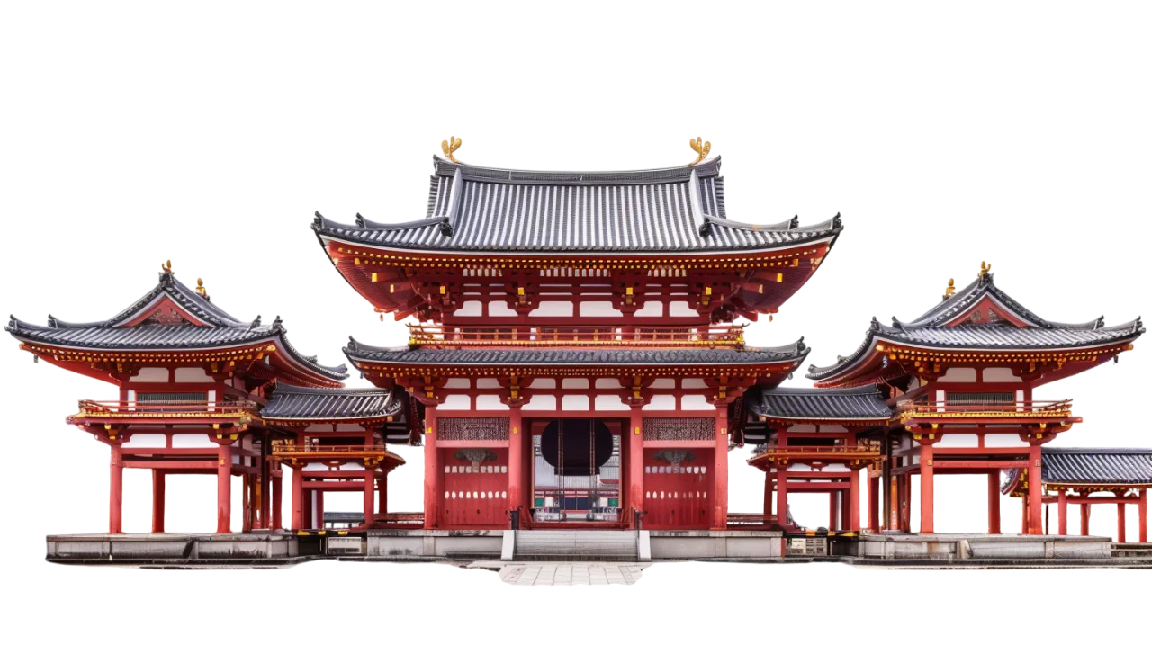 Symmetrical Japanese Temple Complex with Layered Roofs | Free PNG