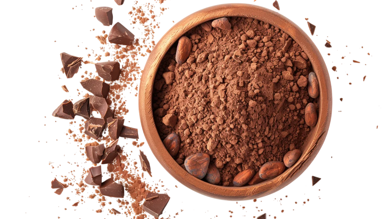 Bowl of Cocoa Powder, Beans and Chocolate Pieces Free PNG
