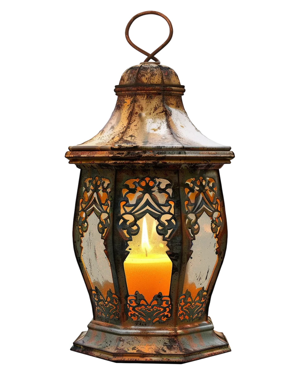 Weathered Ornate Bronze Lantern with Warm Glow | Free PNG