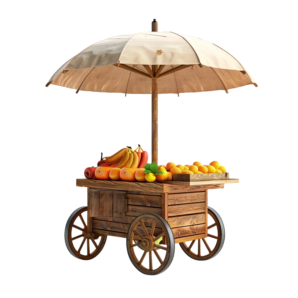 Wooden Fruit Cart with Market Umbrella Free PNG