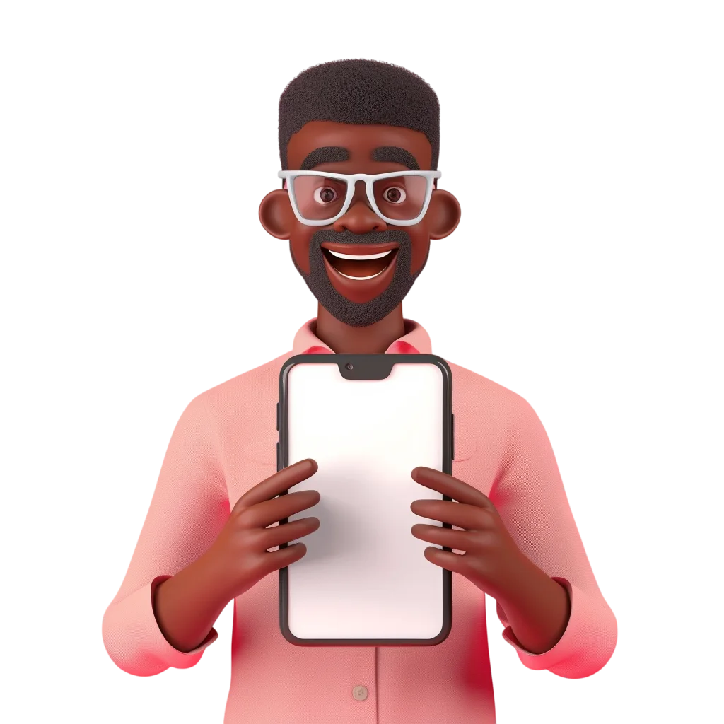 Smiling 3D Man Holding a Blank Smartphone | Free PNG