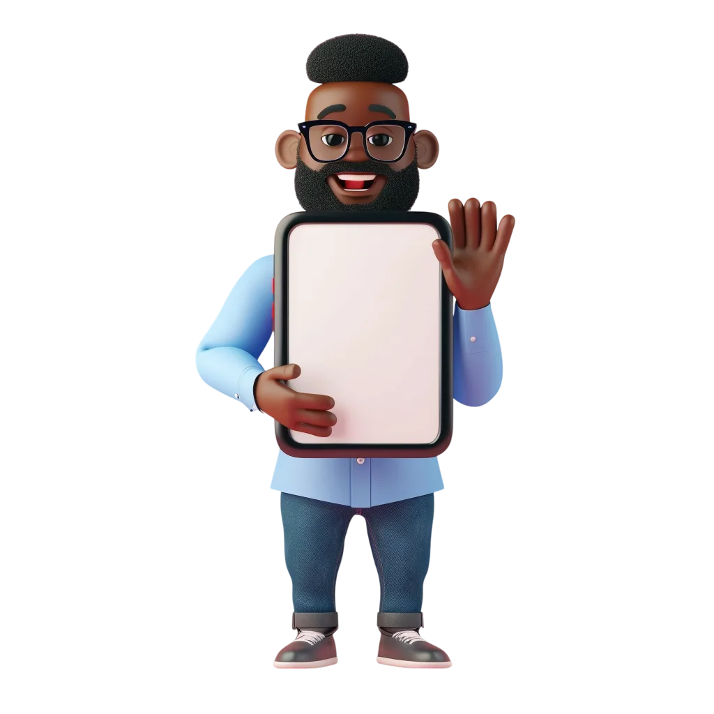 3D Cartoon Man Waving with Blank Tablet | Free PNG