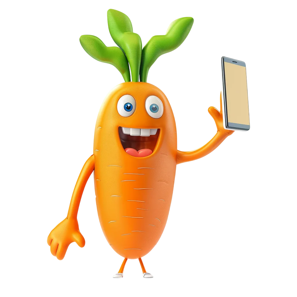 Smiling Cartoon Carrot Holding a Smartphone Free PNG