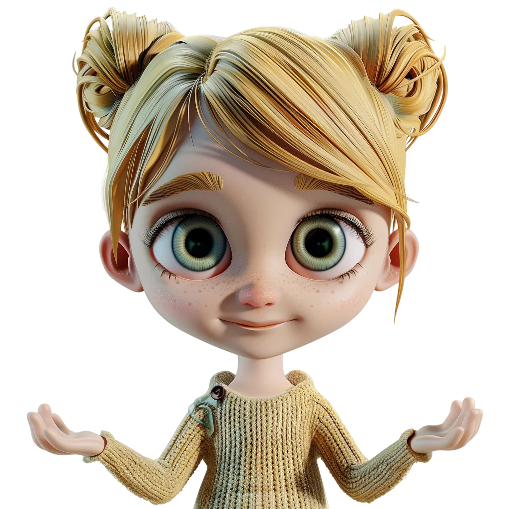 Cheerful 3D Girl with Blonde Buns and Open Hands Free PNG