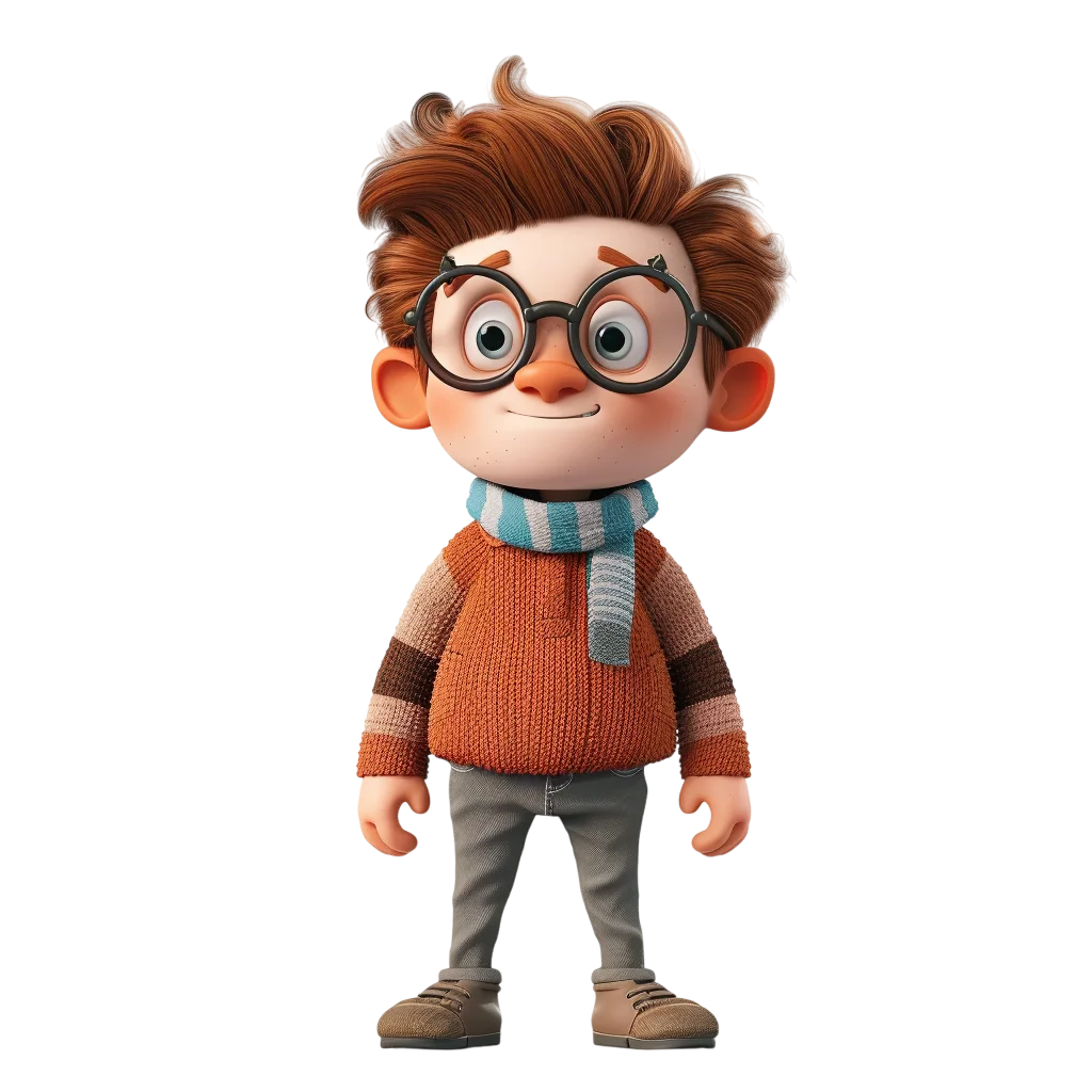 3D Cartoon Boy with Glasses and Scarf Free PNG