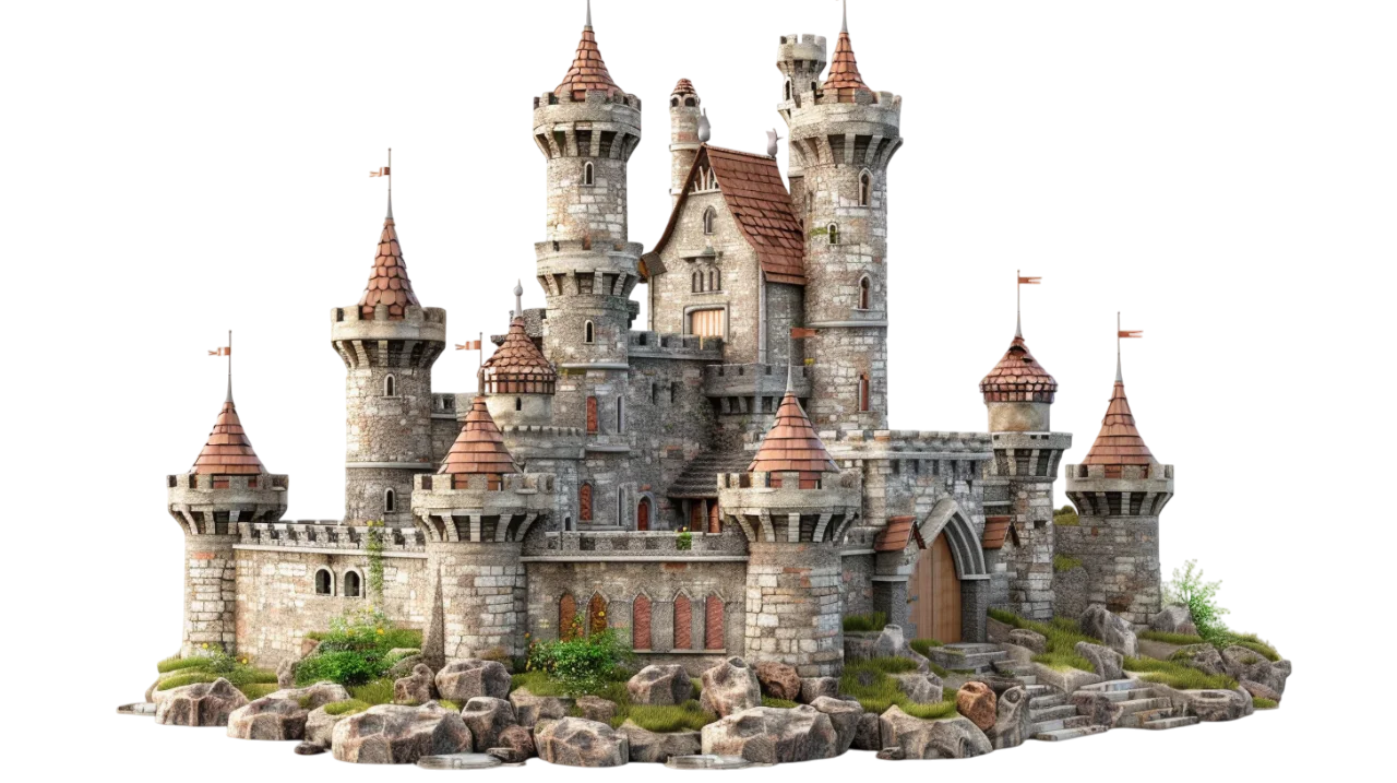 Medieval Stone Castle with Red Roofs and Towers Free PNG
