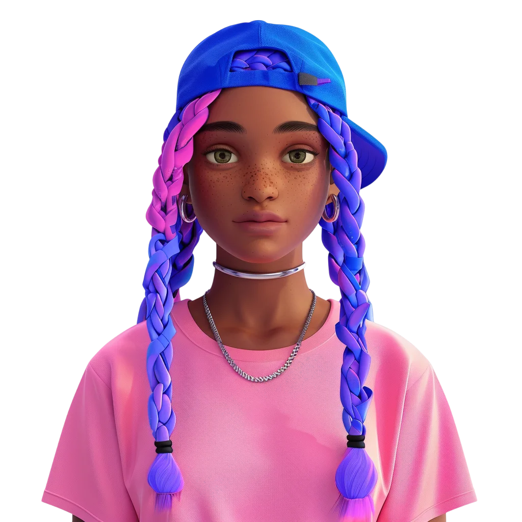 Freckled Woman with Blue-Purple Braids and Cap | Free PNG