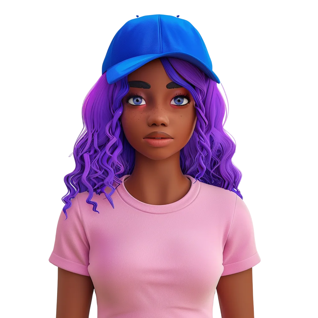 Stylized Woman with Purple Curls and Blue Cap Free PNG