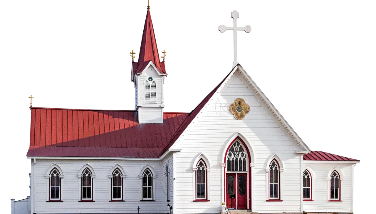 White Gothic Church with Red Roof and Steeple Free PNG