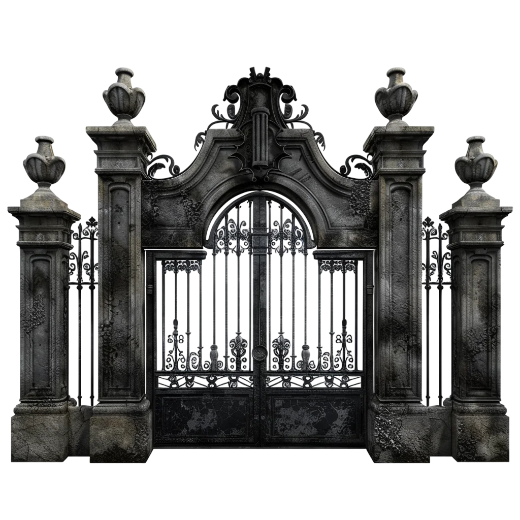 Ornate Gothic Iron Gate with Stone Pillars Free PNG
