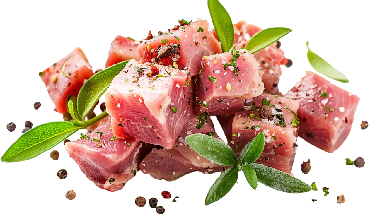 Seasoned Raw Meat Cubes with Herbs and Leaves Free PNG