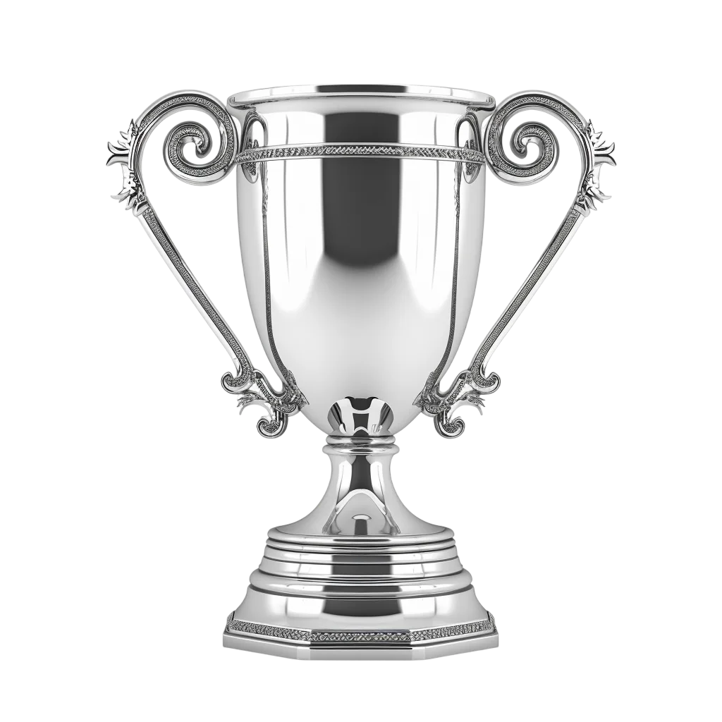 Ornate Silver Trophy Cup with Curled Handles Free PNG