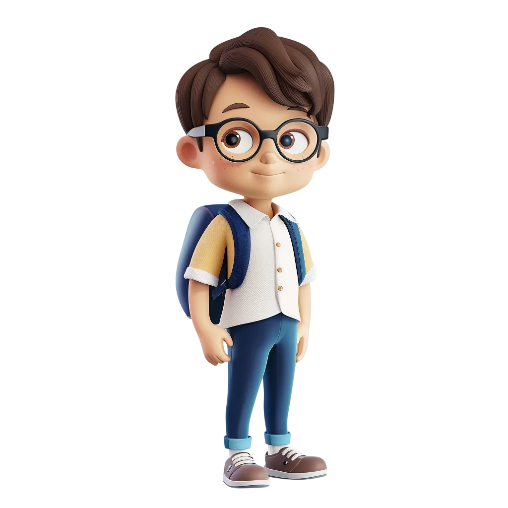 3D Cartoon Schoolboy with Glasses and Backpack Free PNG