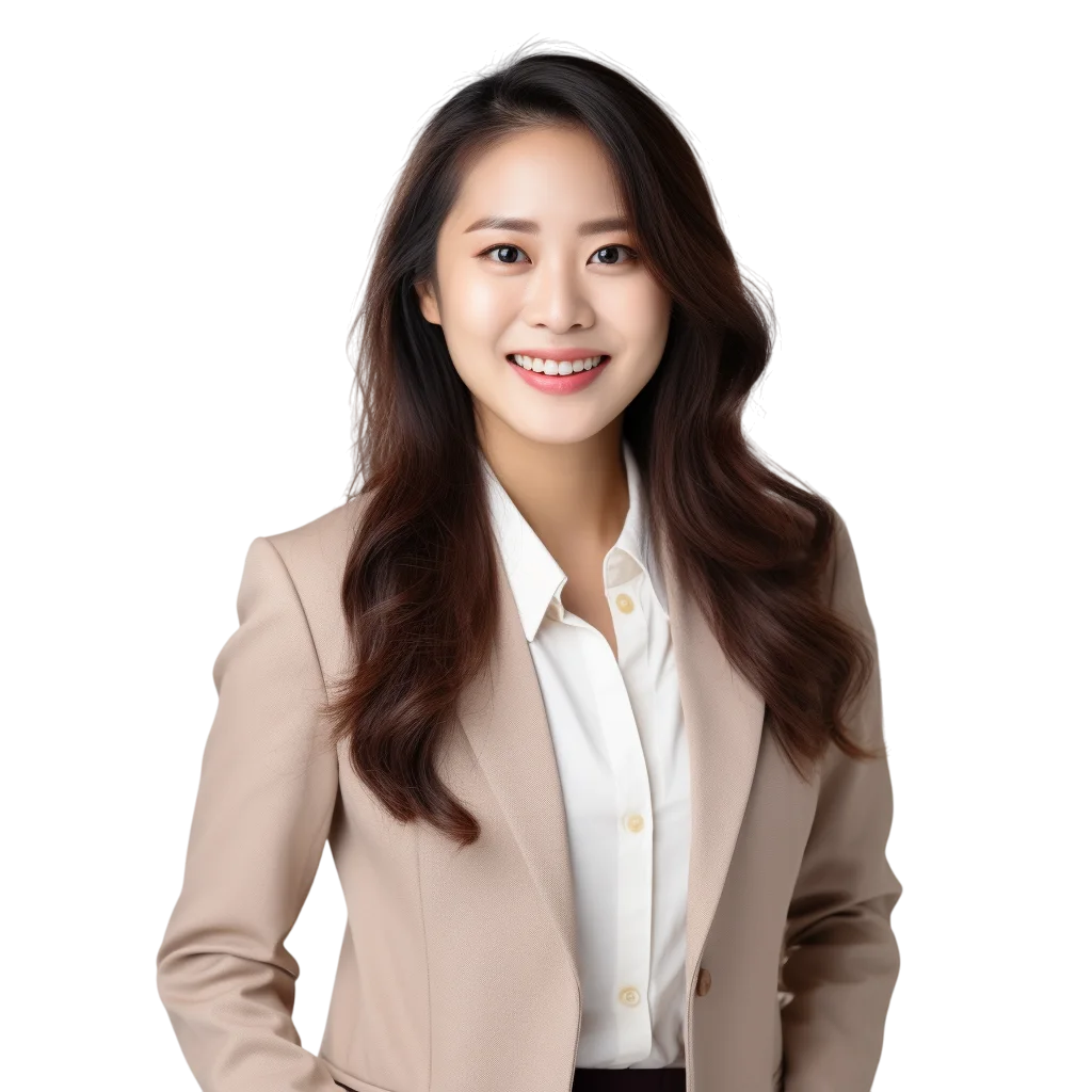 Smiling Asian Businesswoman Portrait in Beige Blazer Free PNG
