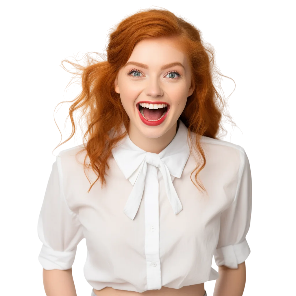 Joyful Red-Haired Woman in White Bow Blouse – Free PNG