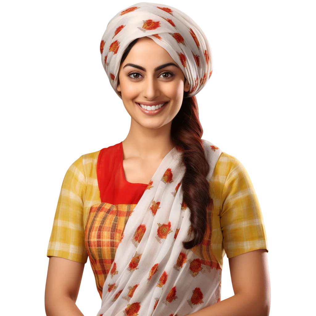 Smiling Woman in Floral Headscarf and Sari – Free PNG