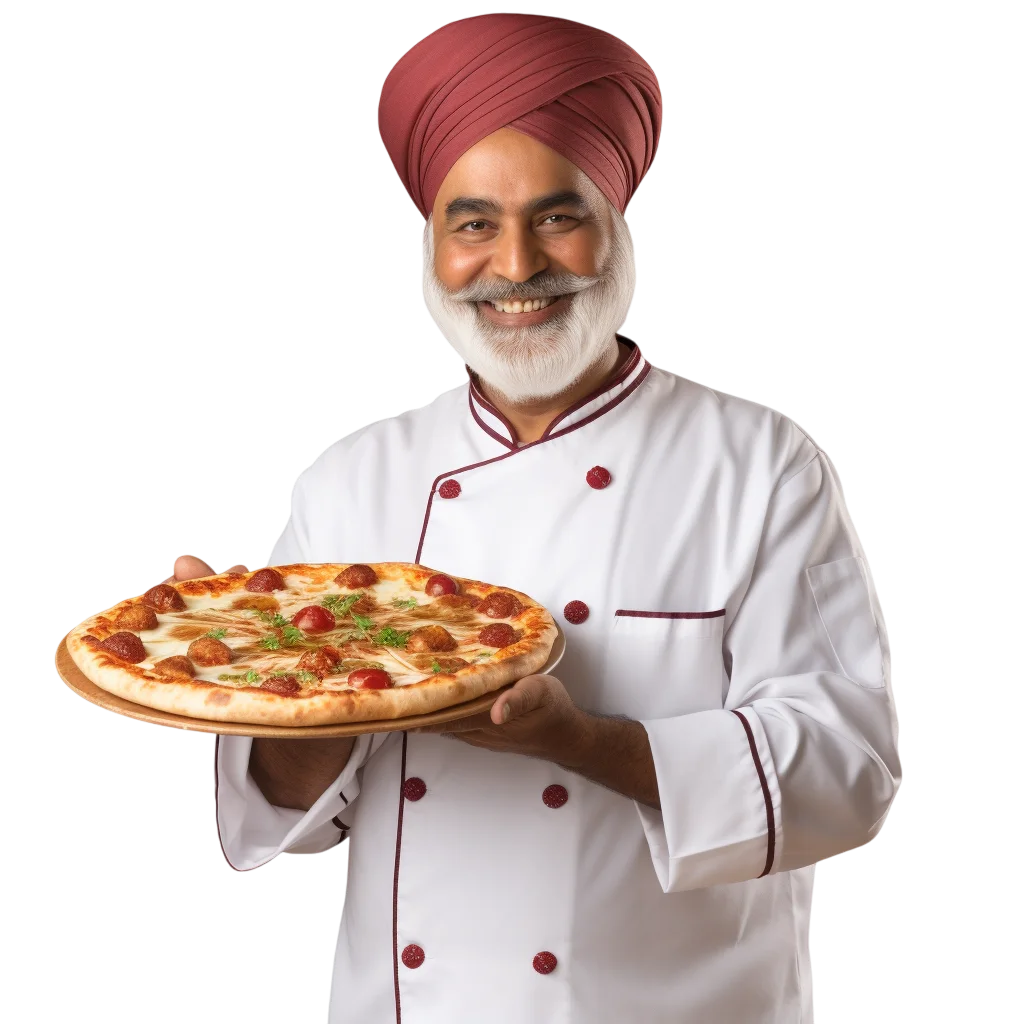 Smiling Chef in Red Turban Holding Pizza | Free PNG