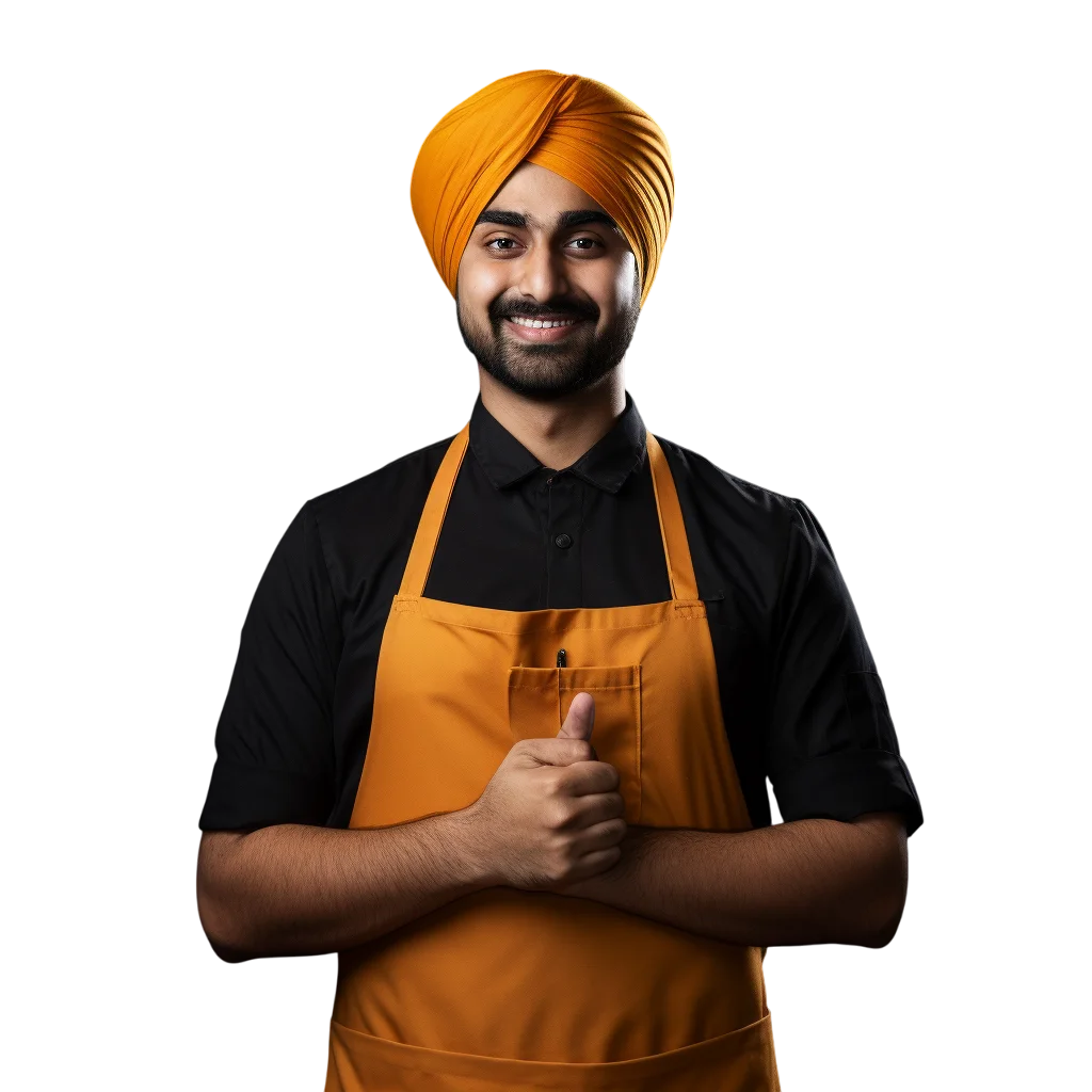 Smiling Sikh Service Worker in Orange Turban and Apron Free PNG