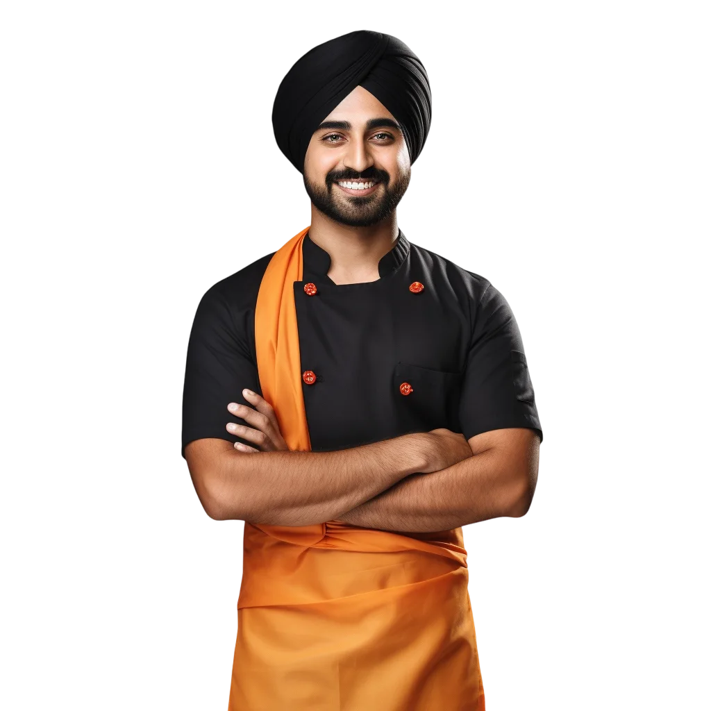 Smiling Sikh Chef in Black Uniform with Orange Apron | Free PNG