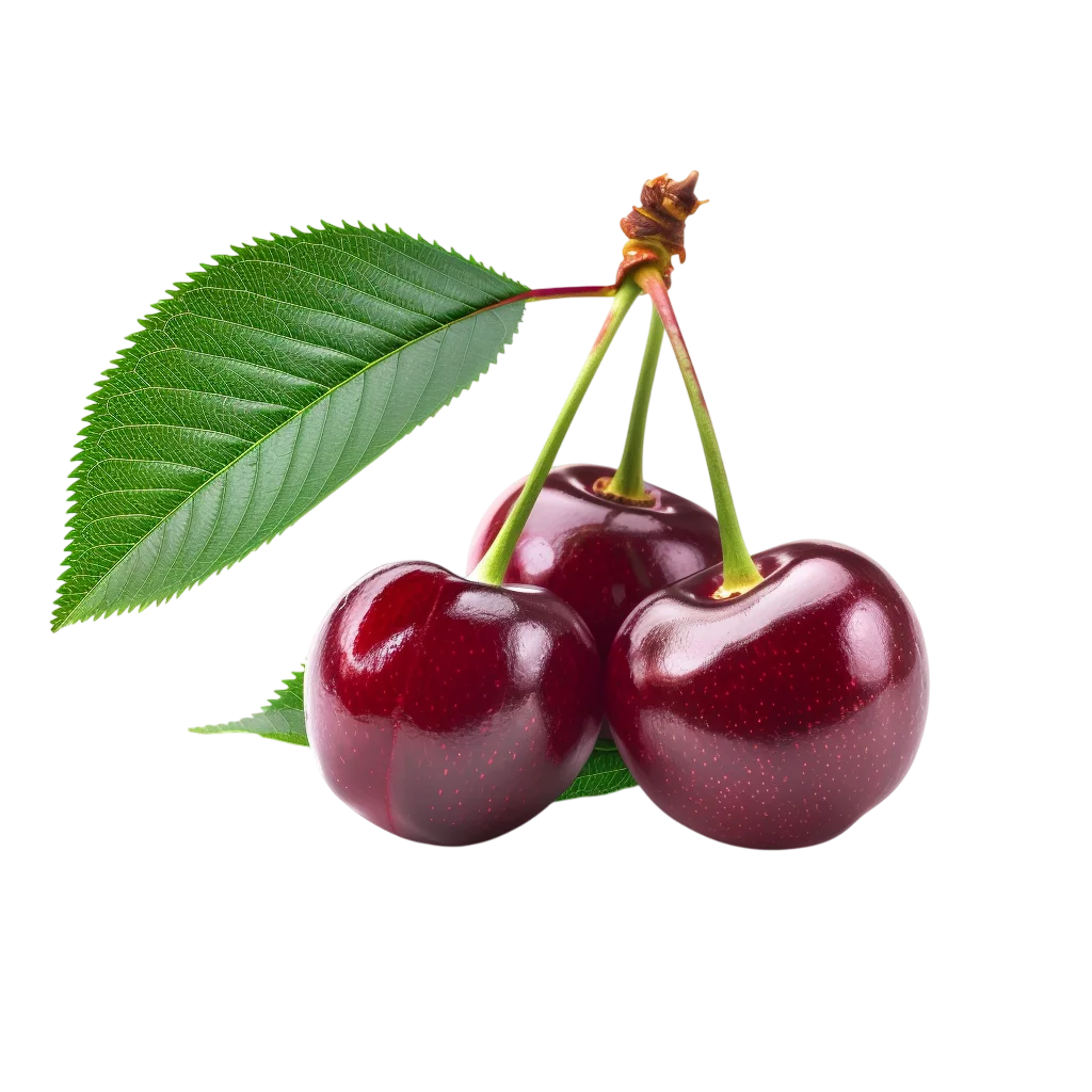 Three Glossy Red Cherries with Leaves - Free PNG