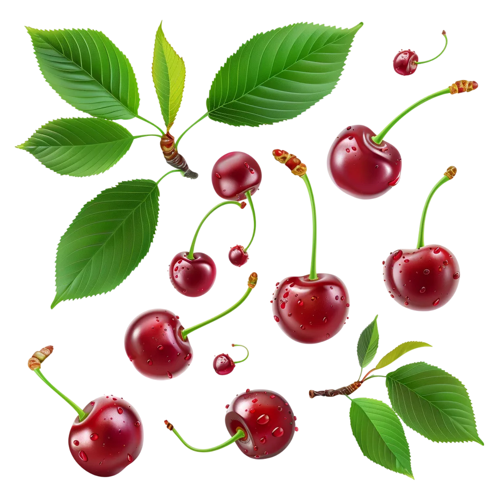 Glossy Red Cherries and Green Leaves Free PNG