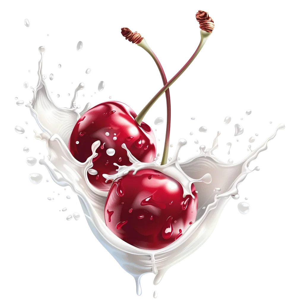 Glossy Red Cherries in a Milk Splash Free PNG