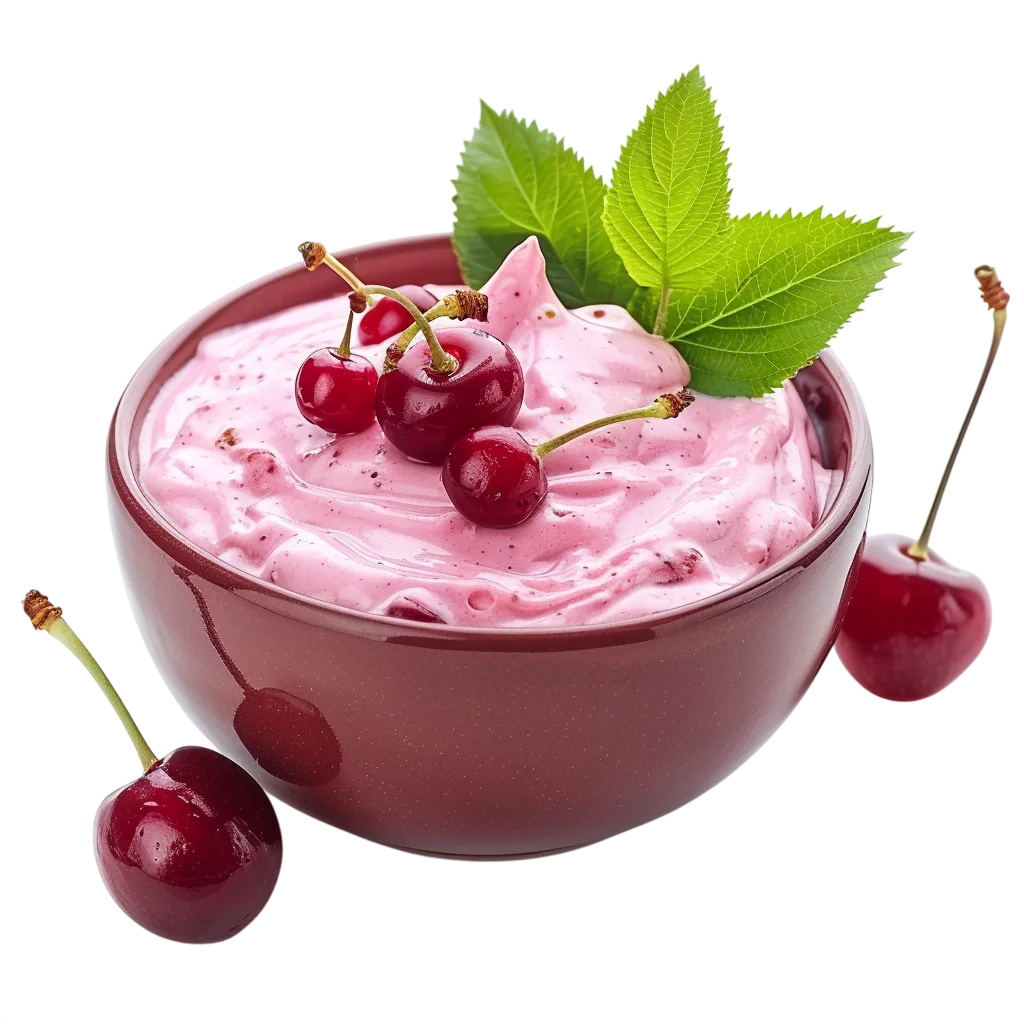 Pink Cherry Yogurt Bowl with Cherries and Leaves | Free PNG