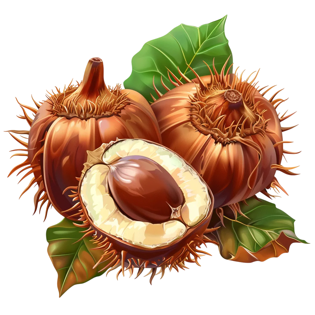 Chestnuts with Spiny Husks and Green Leaves Free PNG