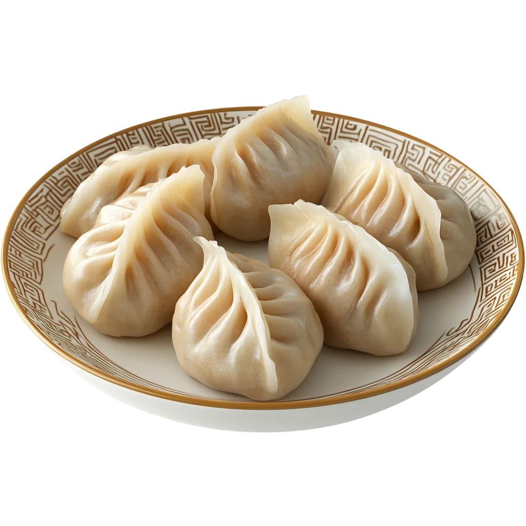 Steamed Dumplings on a Patterned Plate Free PNG