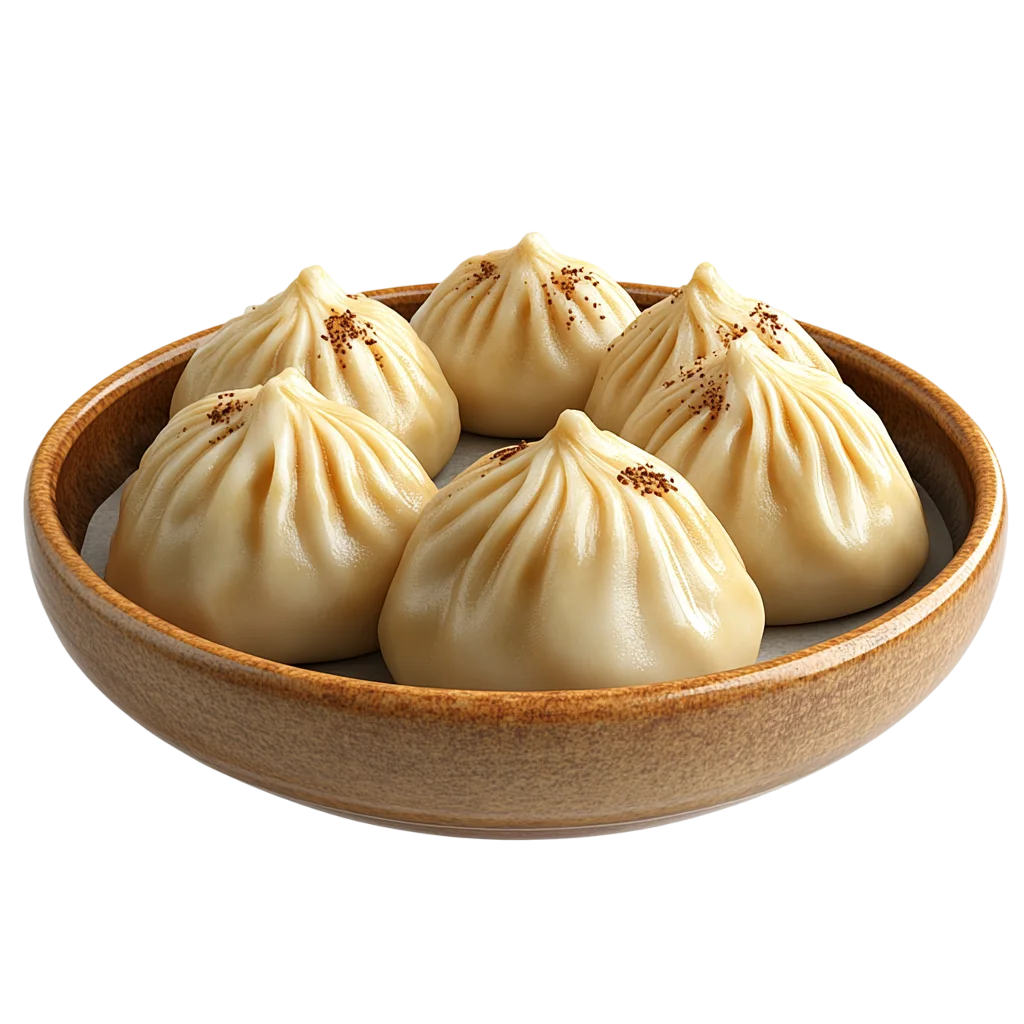 Five Steamed Dumplings in a Wooden Bowl - Free PNG